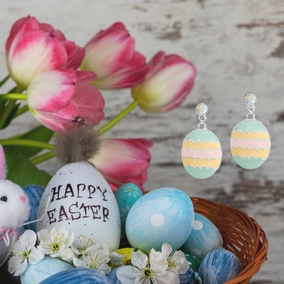 Easter Egg Pastel Stripe Chevron Decorated Egg Drop Earrings with Crystals NEW - Picture 2 of 10